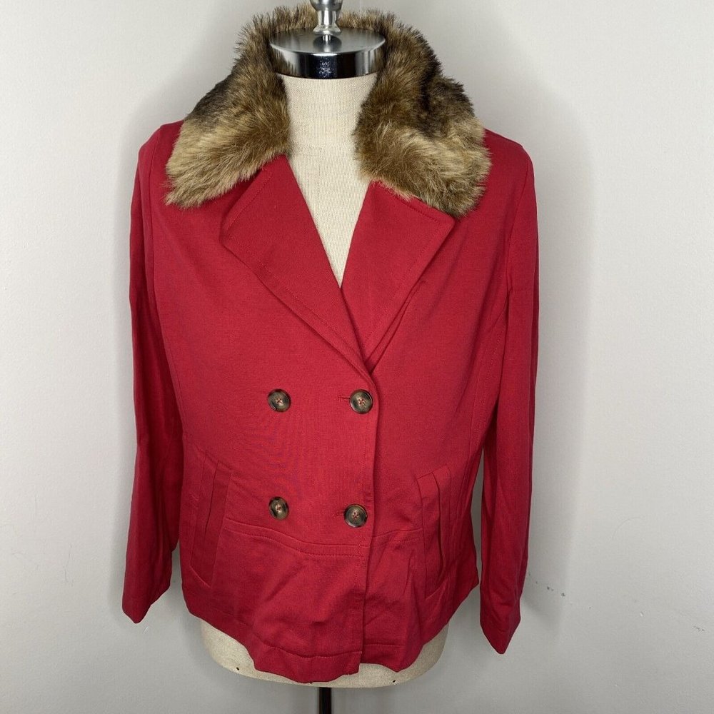Chico's Red Blazer Womens Sz 2 L Jacket Removable Faux Fur Collar